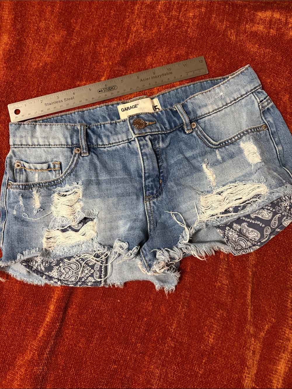 Garage | Women's Light Blue Distressed Denim Shorts with Bandana Lining | 5